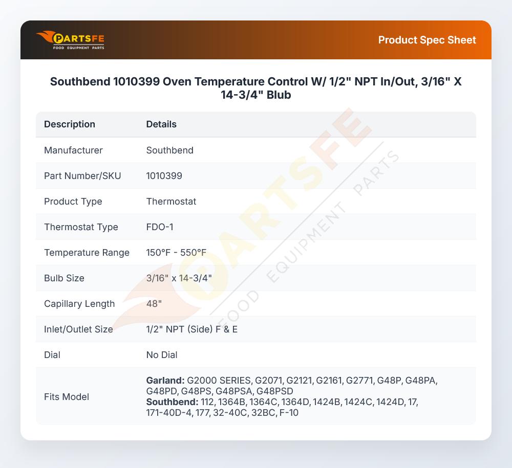 Southbend 1010399 Oven Thermostat 1/2" NPT In/Out 3/16" X 14-3/4" Blub