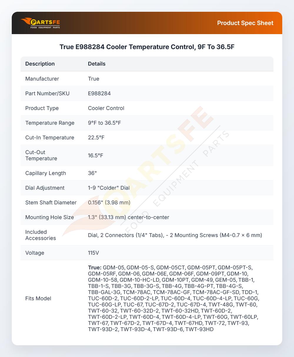 True E988284 Cooler Temperature Control 9&deg;F To 36.5&deg;F