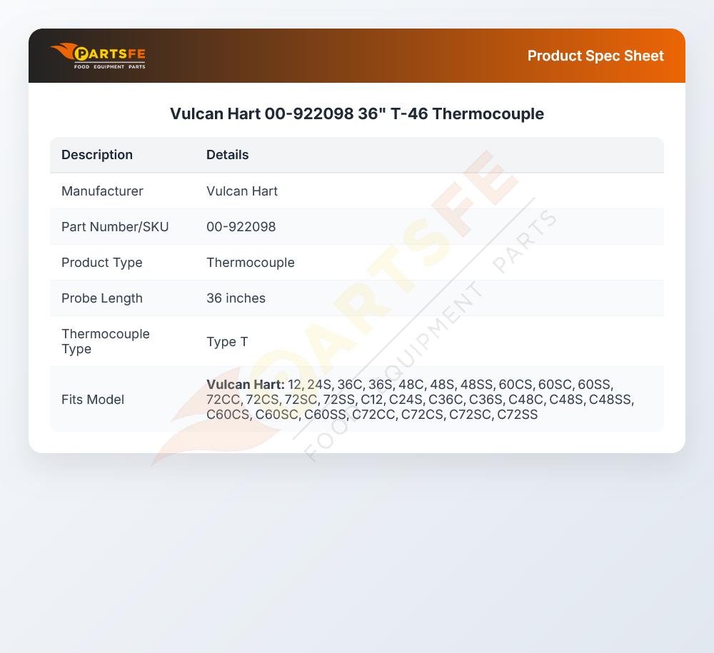 Vulcan Hart 00-922098 36" T-46 Thermocouple
