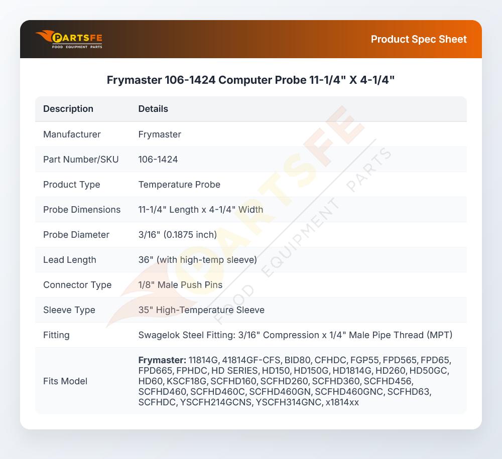 Frymaster 106-1424 Fryer Computer Probe 11-1/4" X 4-1/4" 3/16" DIA 36" Leads W/1/8" Male Push Pin 35" HI-Temp Sleeve