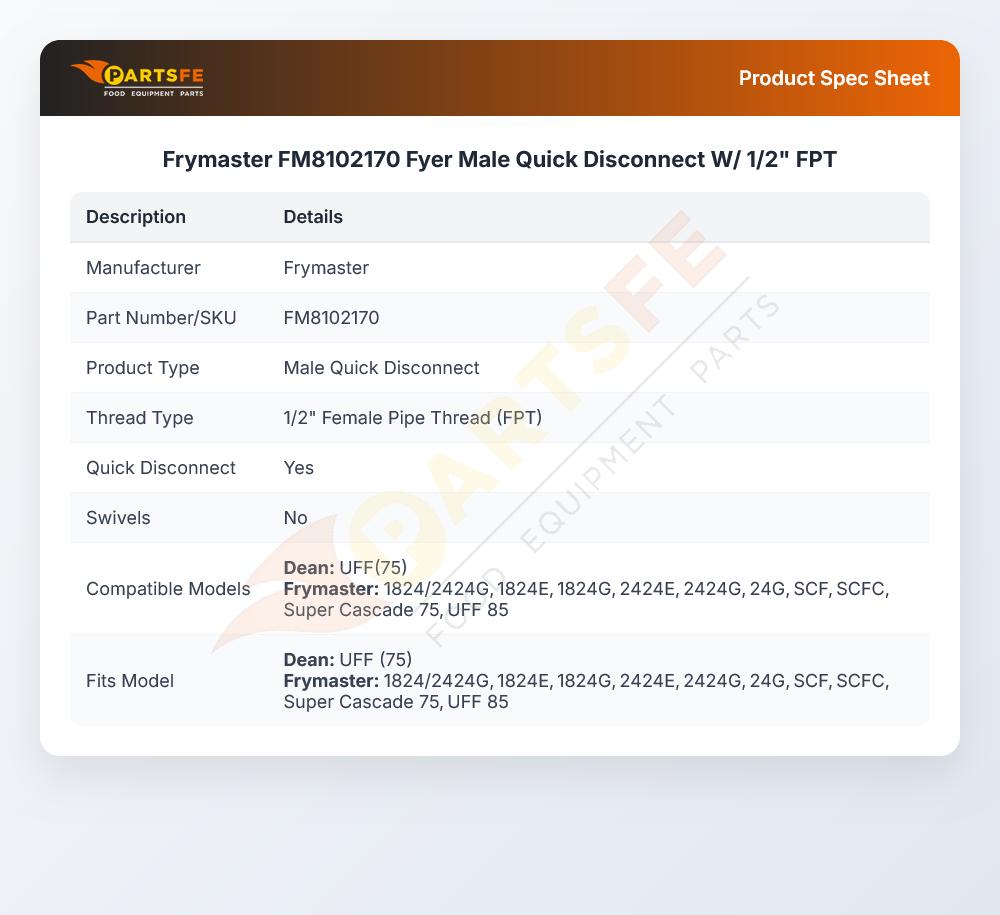 Frymaster FM8102170 Fyer Male Quick Disconnect W/ 1/2" FPT