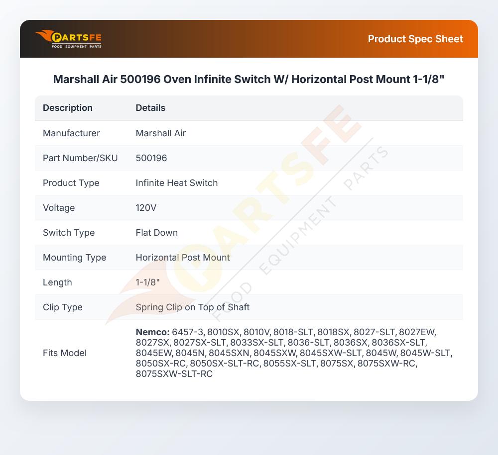 Marshall Air 500196 Oven Infinite Switch W/ Horizontal Post Mount 1-1/8"
