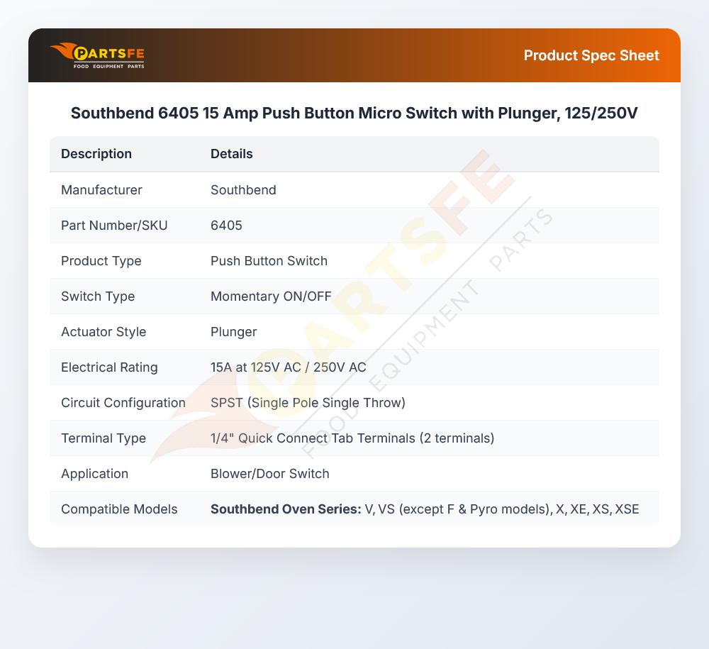 Southbend 6405 15 Amp Push Button Micro Switch with Plunger, 125/250V