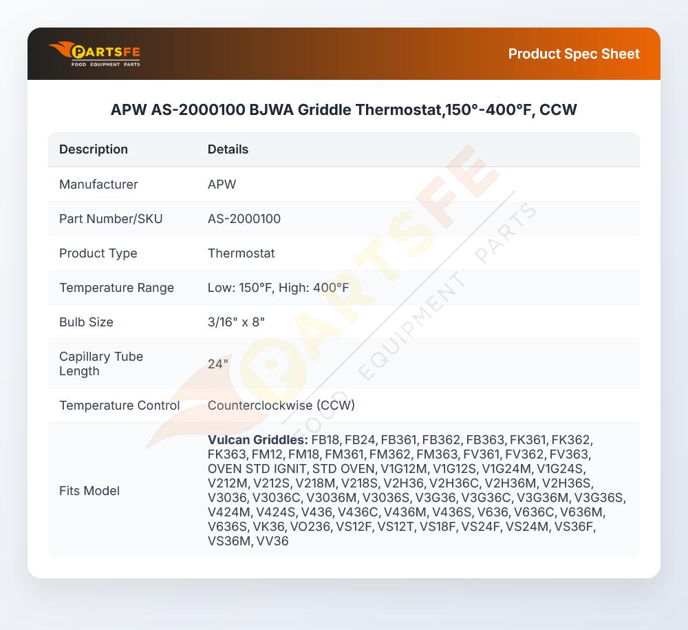 APW AS-2000100 Thermostat 150&deg;F-400&deg;F CCW