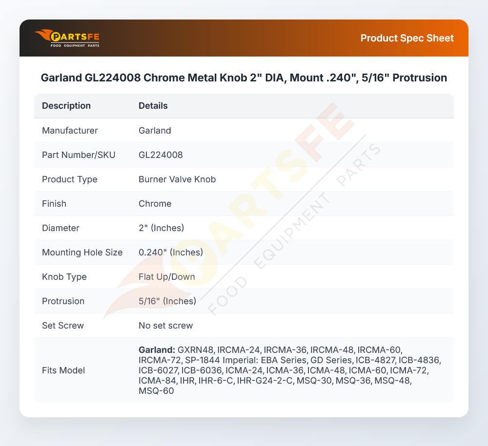 Garland GL224008 Cheesemelter Knob Chrome 2" DIA