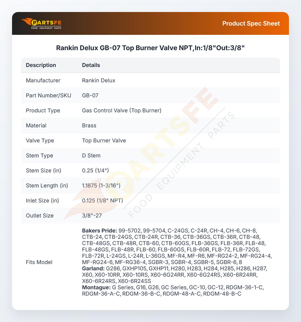 Rankin Delux GB-07 Top Burner Valve NPT,In:1/8"Out:3/8"
