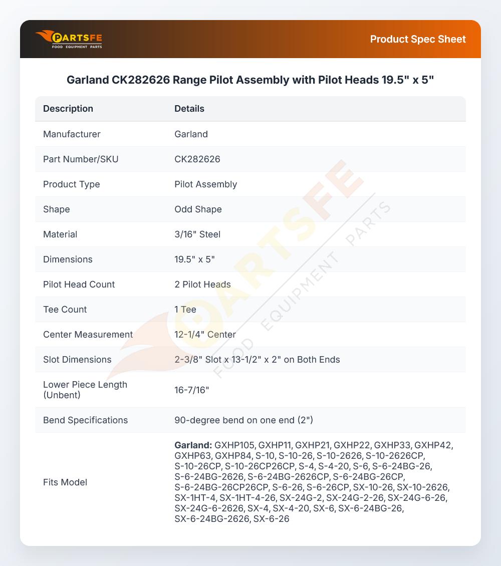 Garland CK282626 Range Pilot Assembly with Pilot Heads 19.5" x 5"