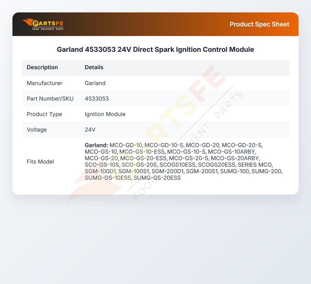 Garland 4533053 Spark Ignition Control Module 24V