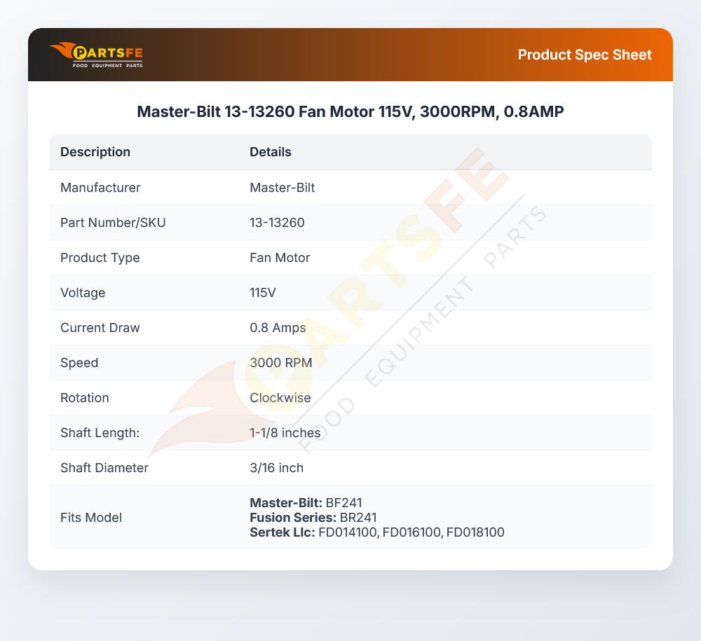 Master-Bilt 13-13260  Fan Motor 115V, 3000RPM, 0.8AMP