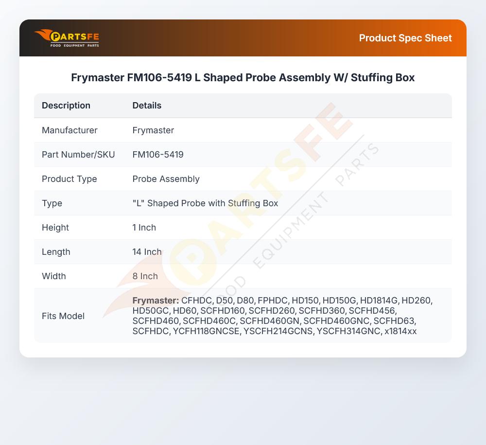 Frymaster FM106-5419 L Shaped Probe Assembly W/ Stuffing Box