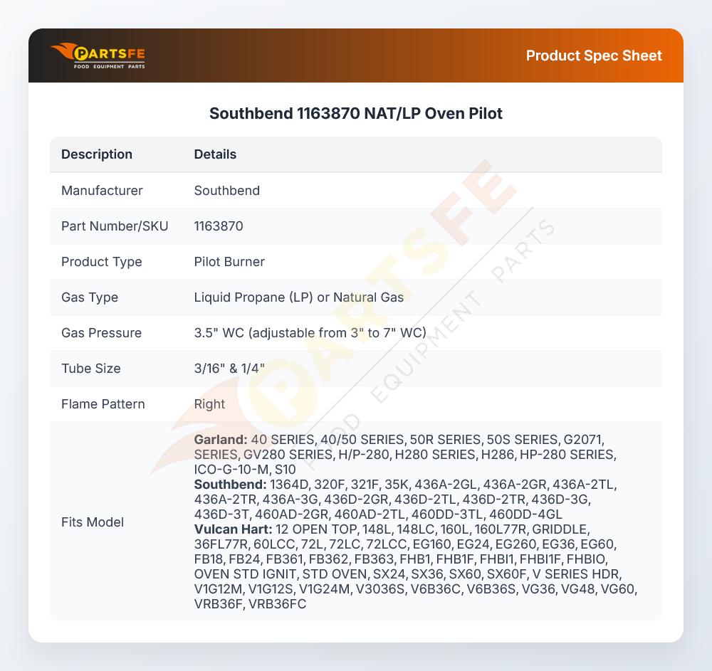 Southbend 1163870 Oven Pilot Assembly Propane