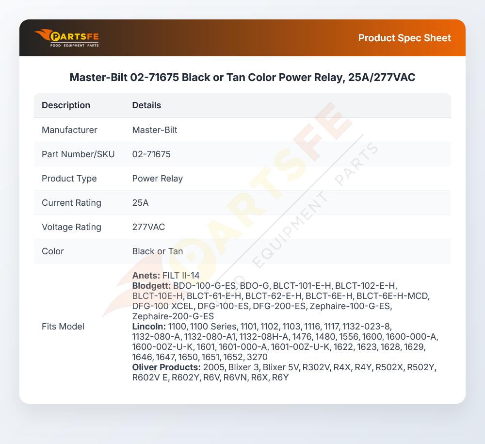 Master-Bilt 02-71675 Black or Tan Color Power Relay, 25A/277VAC