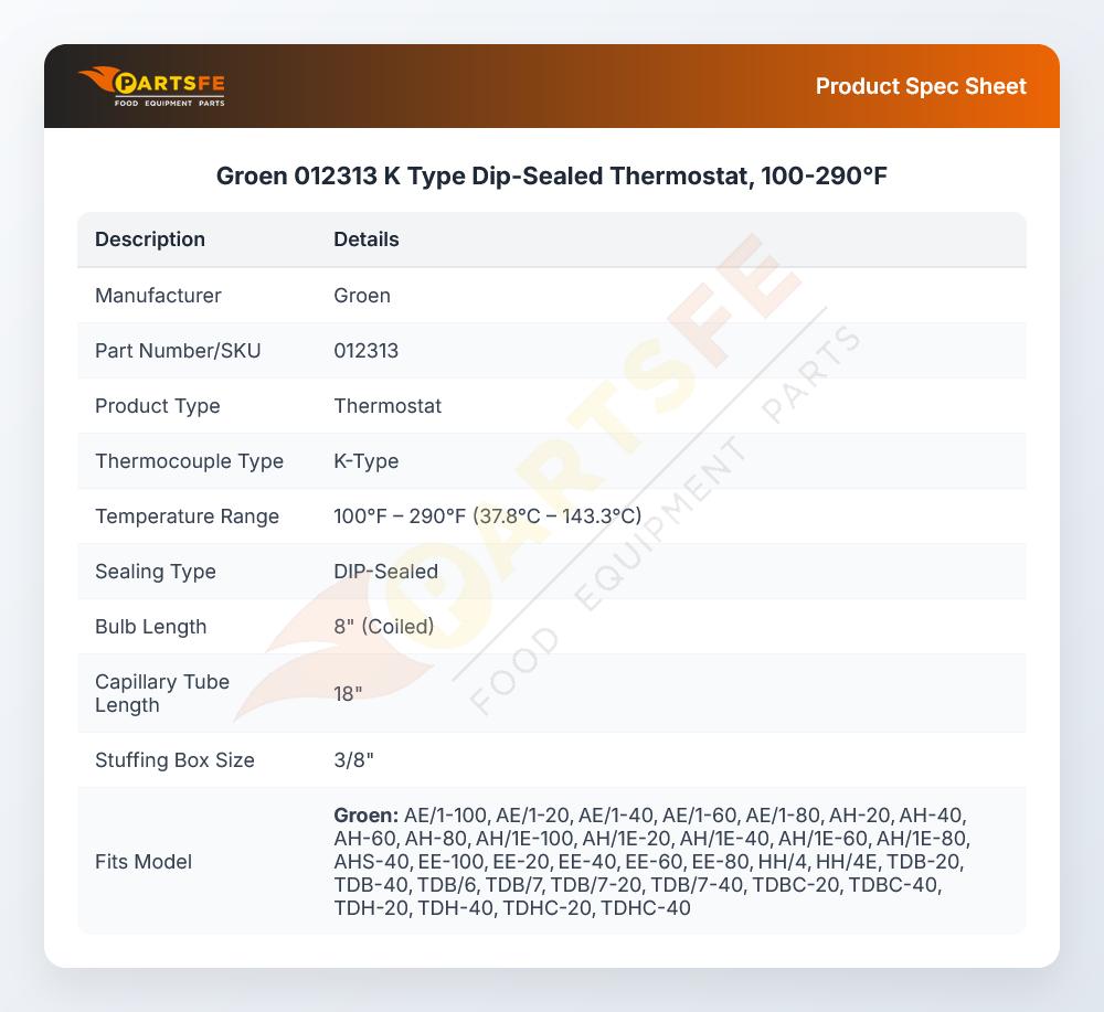 Groen 012313 Kettle Dip-Sealed Thermostat K-Type 100-290&deg;F 18" CAP