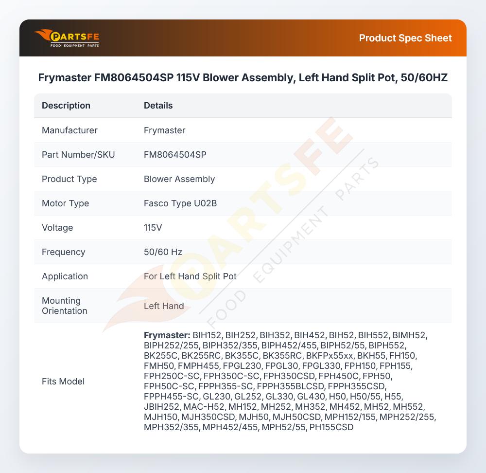 Frymaster FM8064504SP Fryer Blower Assembly 115V 50/60Hz