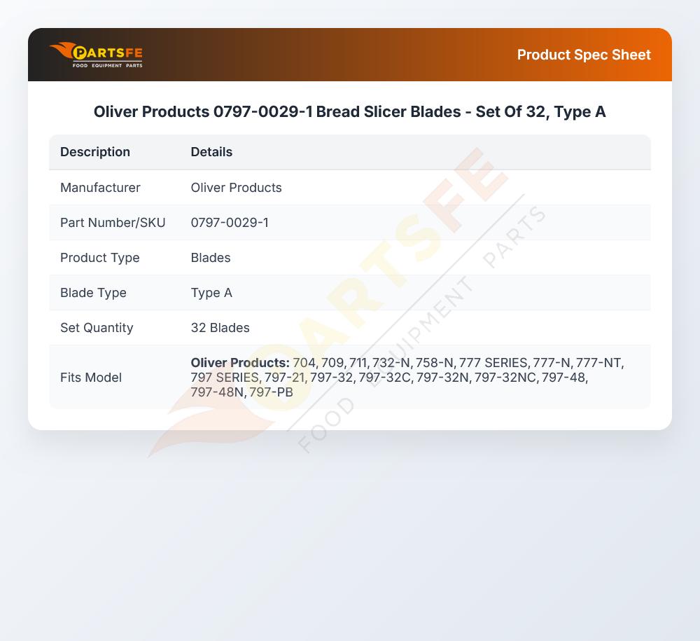 Oliver Products 0797-0029-1 Bread Slicer Blades Set of 32 Type A