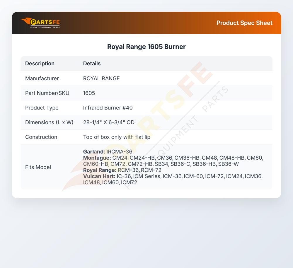 Royal Range 1605 Cheese Melter Infrared Burner