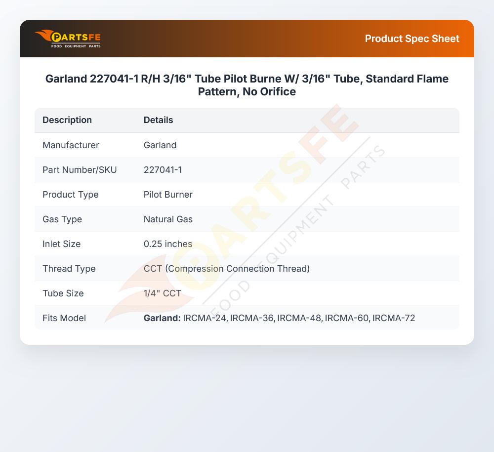 Garland 227041-1 R/H 3/16" Tube Pilot Burne W/ 3/16" Tube, Standard Flame Pattern, No Orifice