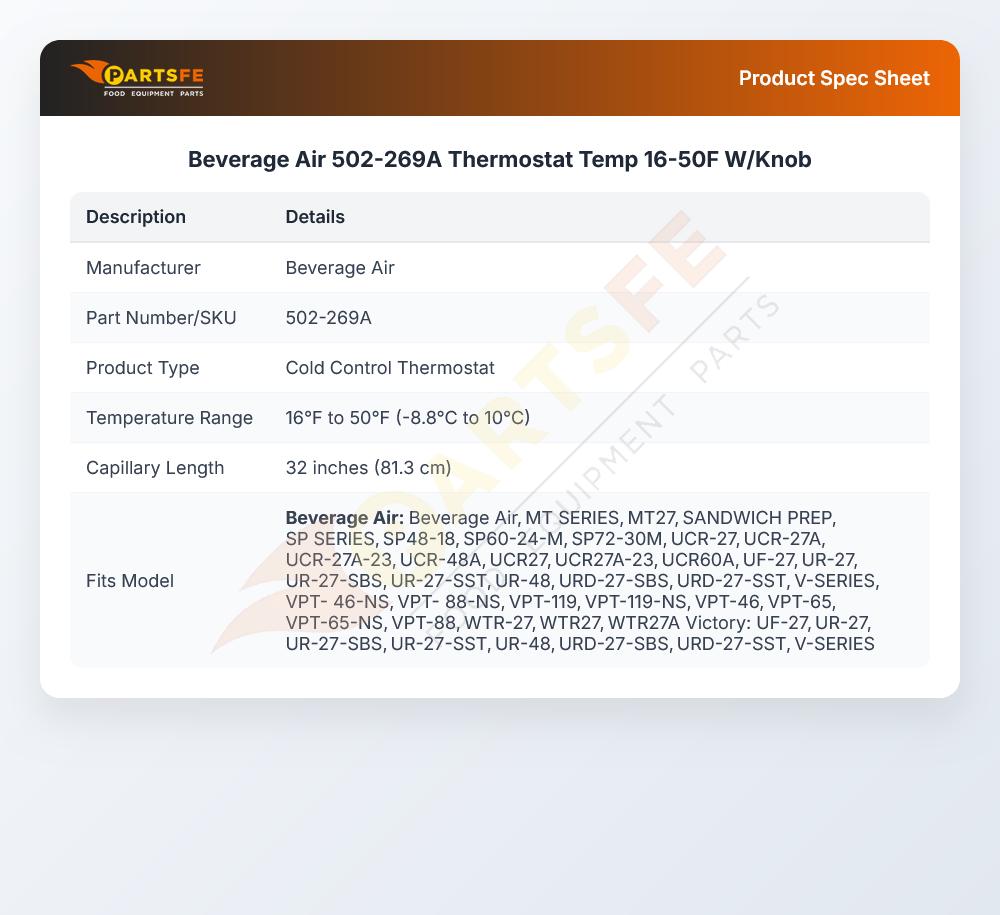 Beverage Air 502-269A Thermostat Temp 16-50F W/Knob