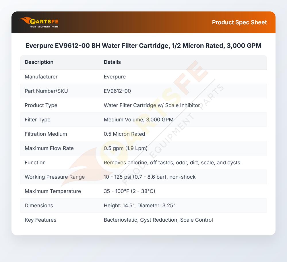 Everpure EV9612-00 BH Water Filter Cartridge, 1/2 Micron Rated, 3,000 GPM