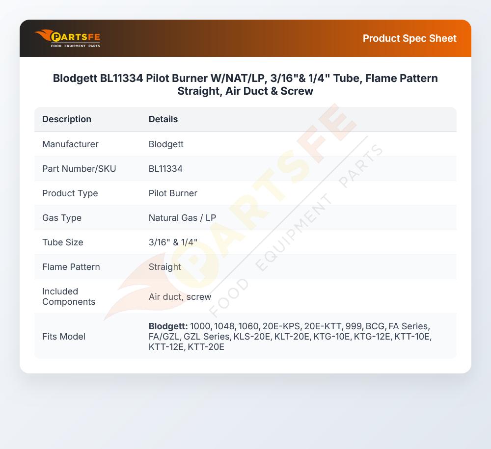 Blodgett BL11334 Pilot Burner Straight Flame Pattern NAT/LP 3/16" & 1/4" Tube
