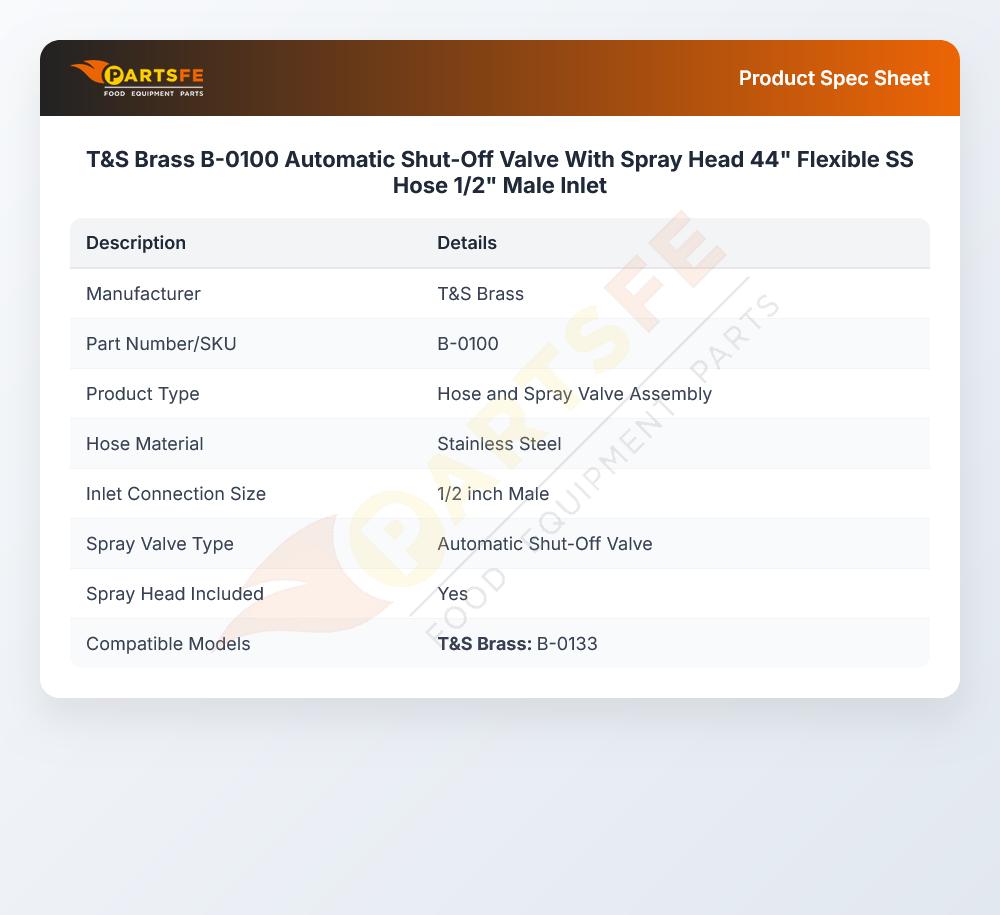 T&S Brass B-0100 Automatic Shut-Off Valve With Spray Head 44" Flexible SS Hose 1/2" Male Inlet