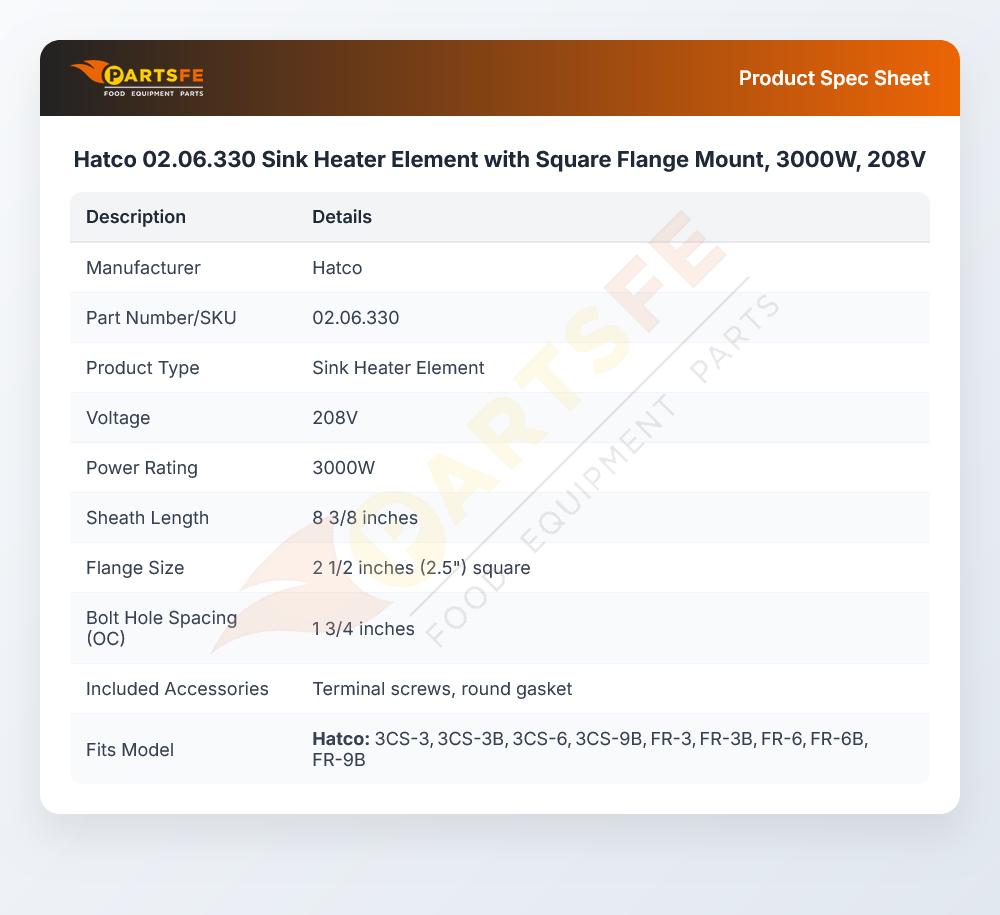 Hatco 02.06.330 Sink Heater Element with Square Flange Mount, 3000W, 208V