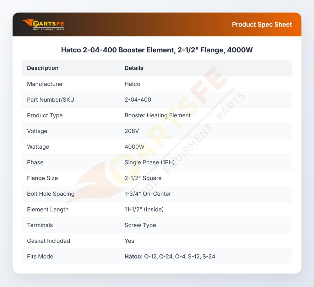 Hatco 2-04-400 Booster Element, 2-1/2" Flange, 4000W