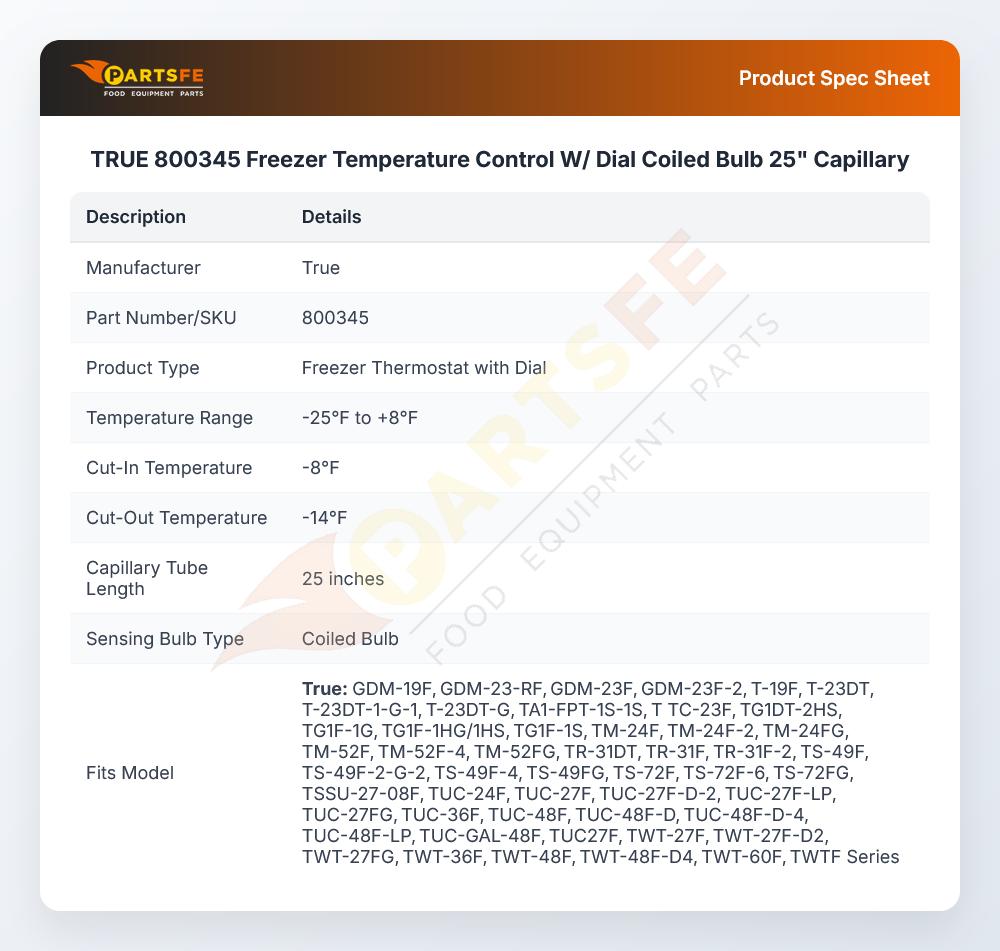 TRUE 800345 Freezer Temperature Control W/ Dial Coiled Bulb 25" Capillary