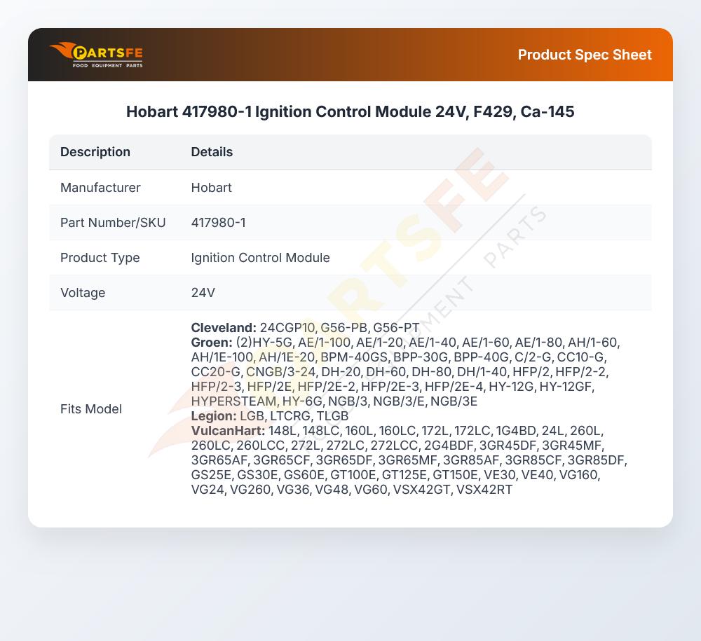 Hobart 417980-1 Fryer Ignition Control Module 24V F429 CA-151