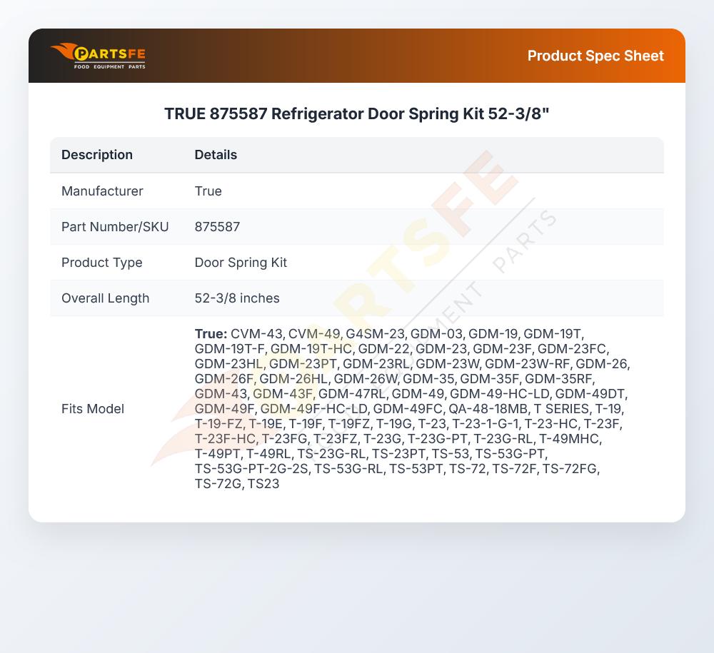 TRUE 875587 Refrigerator Door Spring Kit 52-3/8"