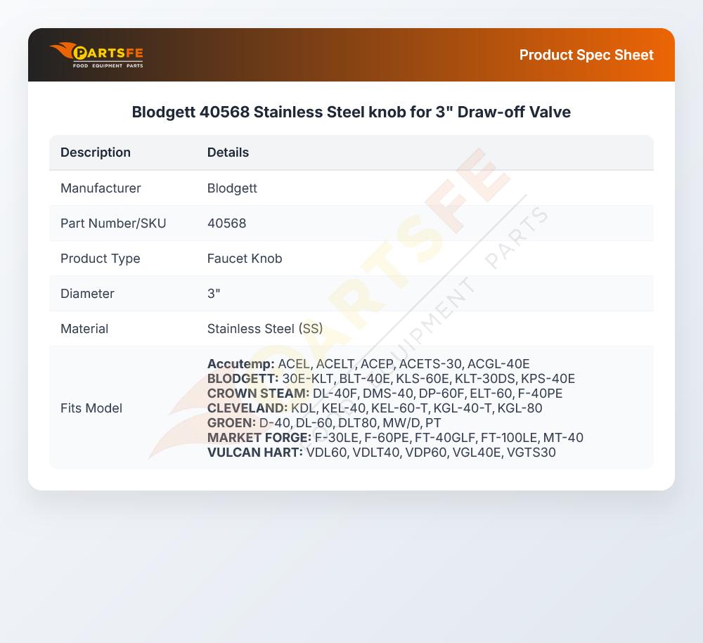 Blodgett 40568 Draw-Off Valve Knob 3" Stainless Steel