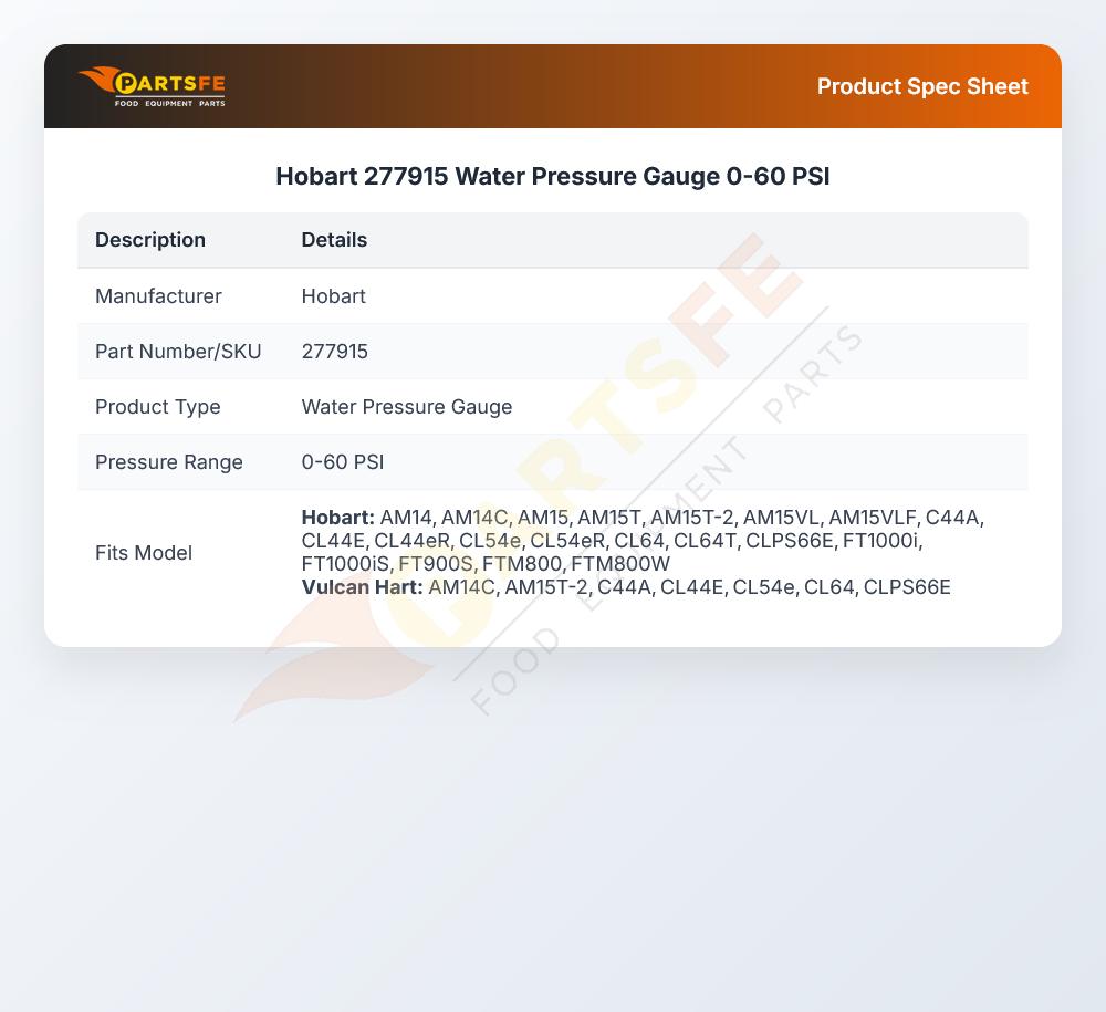 Hobart 277915 Water Pressure Gauge 0-60 PSI