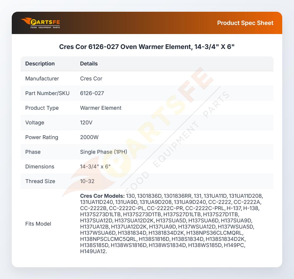 Cres Cor 6126-027 Oven Warmer Element, 14-3/4" X 6"
