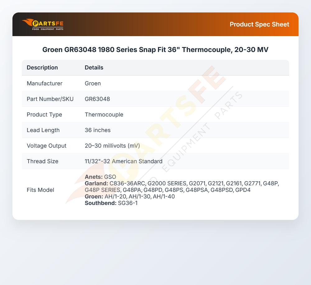 Groen GR63048 1980 Series Snap Fit 36" Thermocouple, 20-30 MV