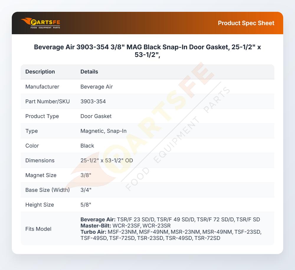 Beverage Air 3903-354 3/8" MAG Black Snap-In Door Gasket, 25-1/2" x 53-1/2",