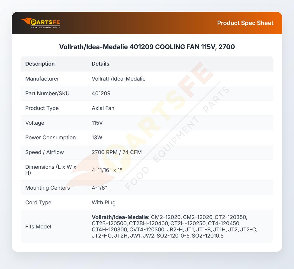 Vollrath/Idea-Medalie 401209 COOLING FAN 115V, 2700