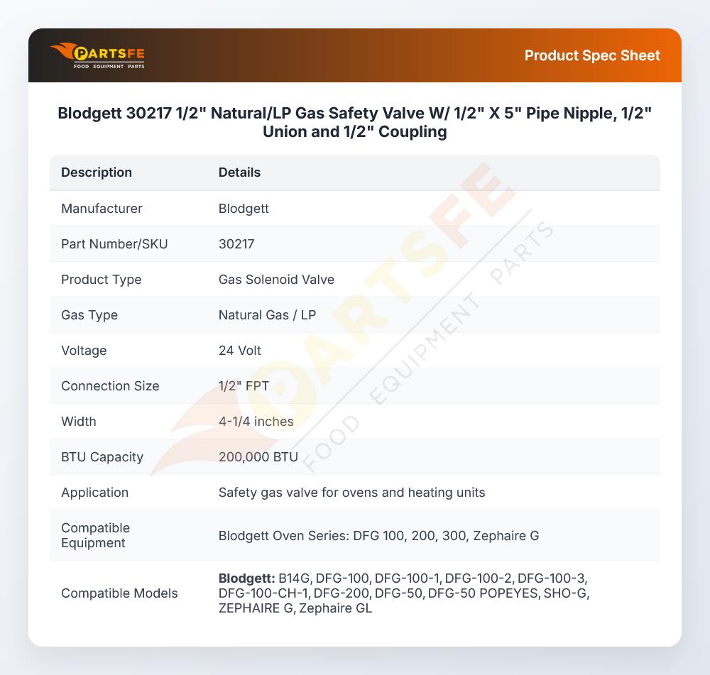 Blodgett 30217 NAT/LP Gas Safety Valve 1/2" W/1/2" X 5" Pipe Nipple 1/2" Union & Coupling 24V