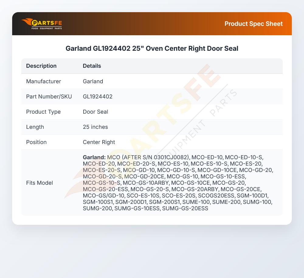 Garland GL1924402 25" Oven Center Right Door Seal