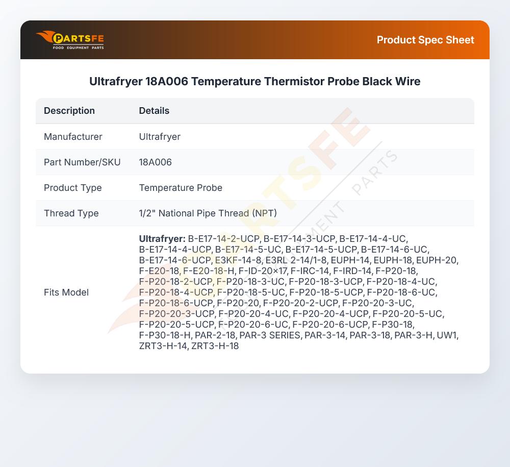 Ultrafryer 18A006 Temperature Thermistor Probe Black Wire