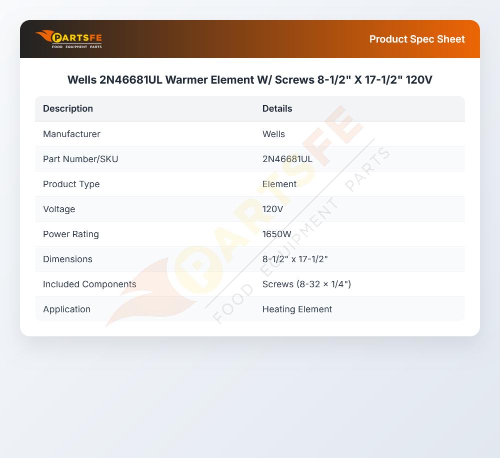 Wells 2N46681UL Warmer Element W/ Screws 8-1/2" X 17-1/2" 120V