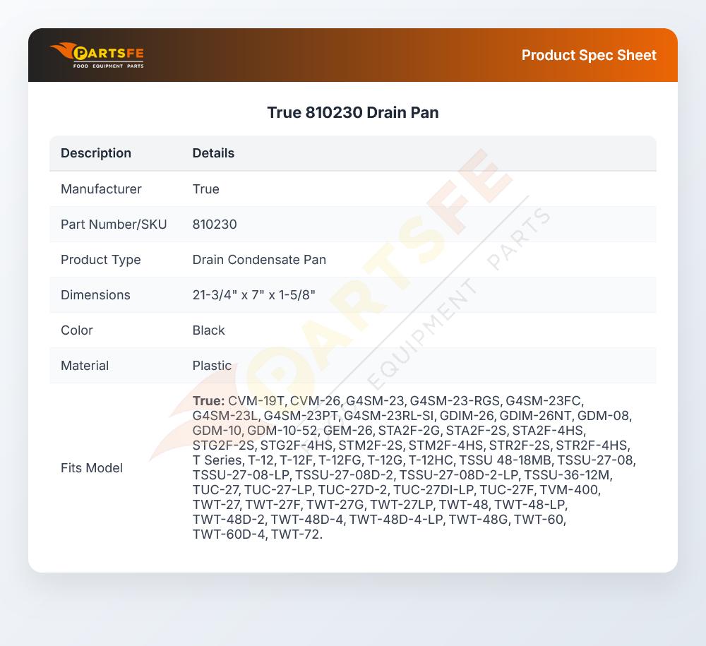 True 810230 Reach-In Refrigerator Drain Pan
