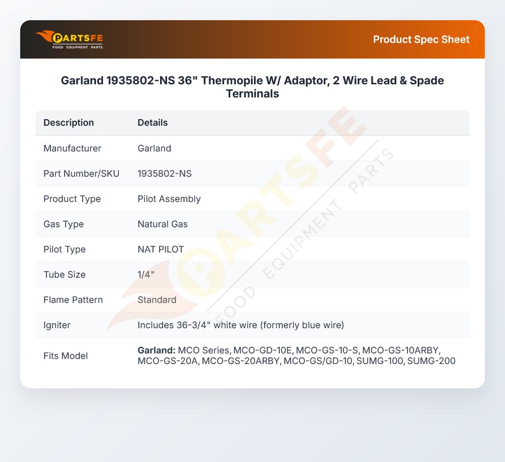Garland 1935802-NS 36" Thermopile W/ Adaptor, 2 Wire Lead & Spade Terminals