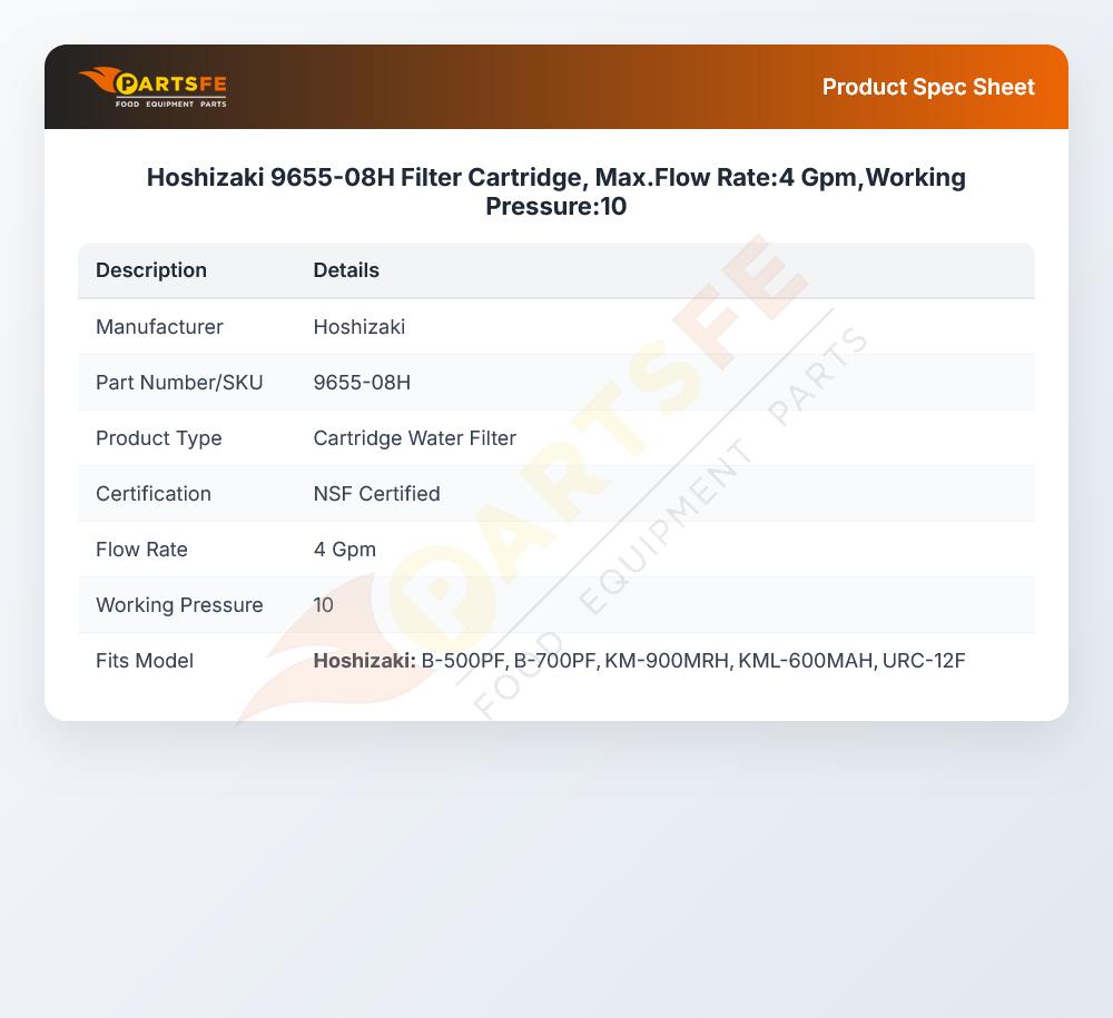 Hoshizaki 9655-08H Filter Cartridge, Max.Flow Rate:4 Gpm,Working Pressure:10
