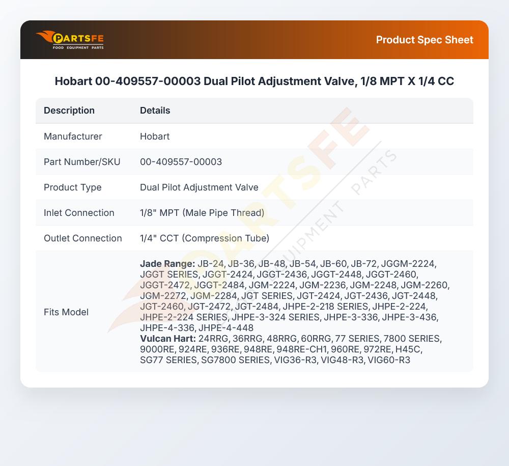 Hobart 00-409557-00003 Dual Pilot Adjustment Valve, 1/8 MPT X 1/4 CC