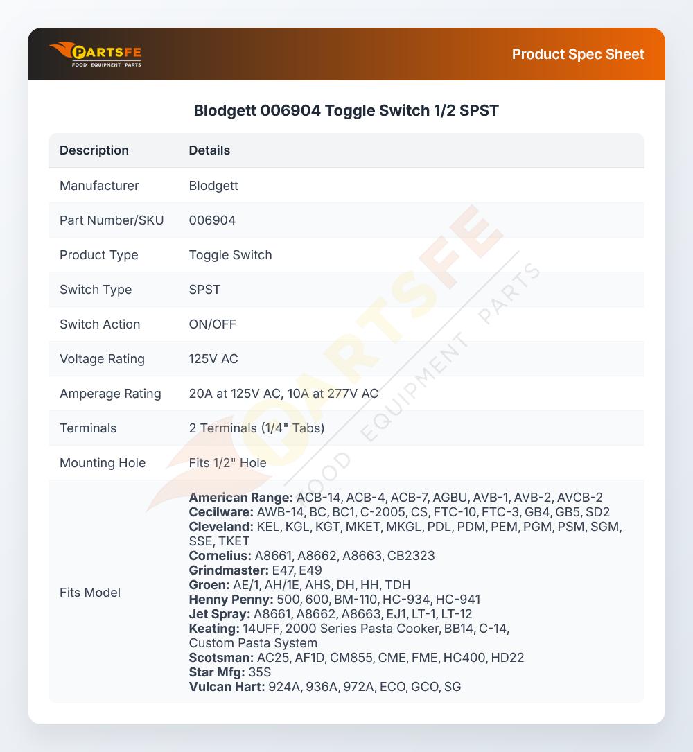 Blodgett 006904 Toggle Switch 1/2 SPST