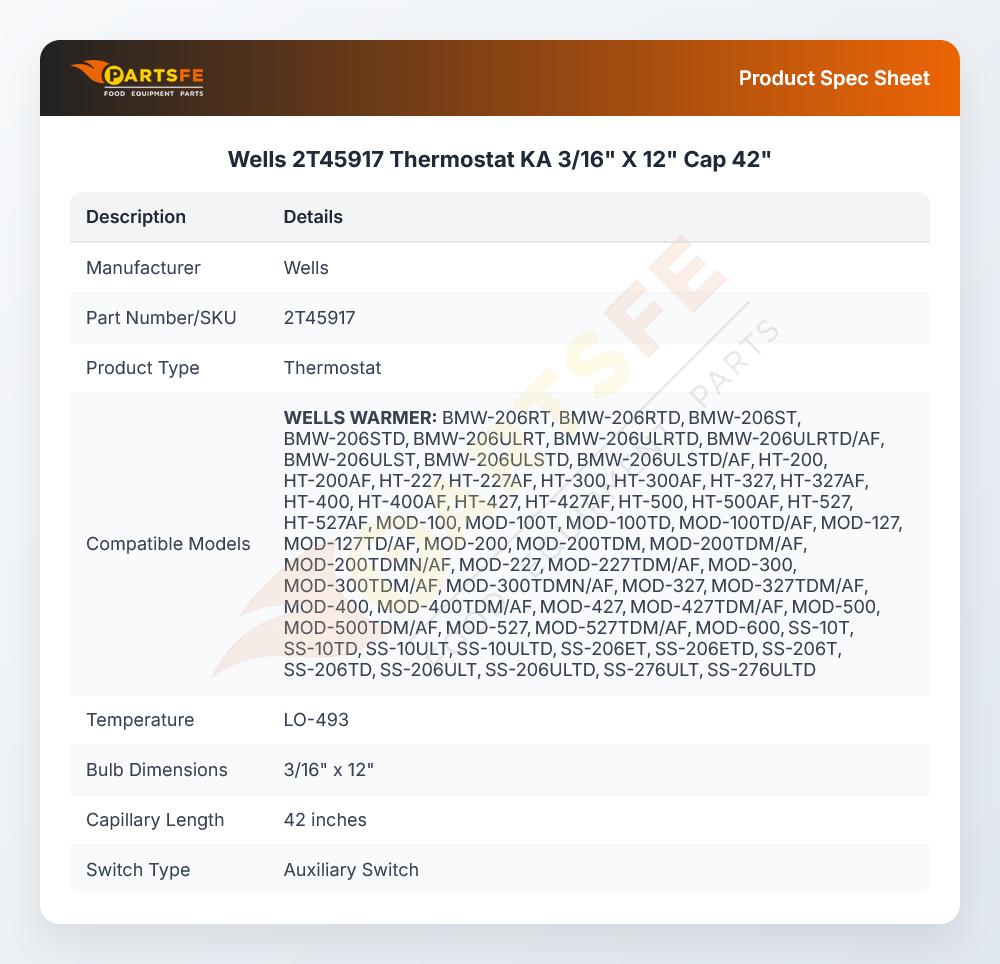 Wells 2T45917 Thermostat KA 3/16" X 12" Cap 42"