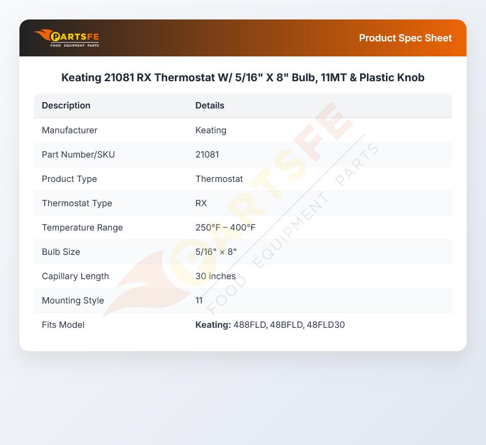 Keating 21081 RX Thermostat 5/16" X 8" 245&deg;F-400&deg;F Range