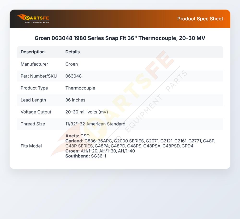 Groen 063048 1980 Series Snap Fit 36" Thermocouple, 20-30 MV
