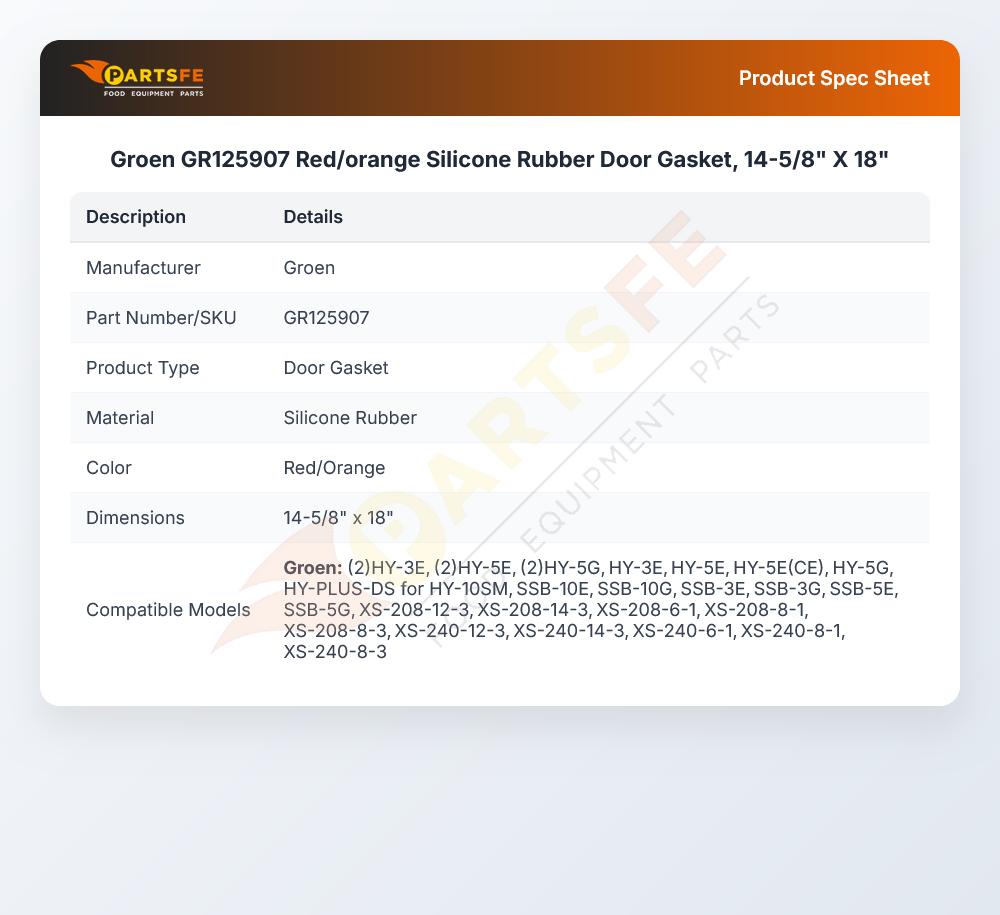Groen GR125907 Red/orange Silicone Rubber Door Gasket, 14-5/8" X 18"