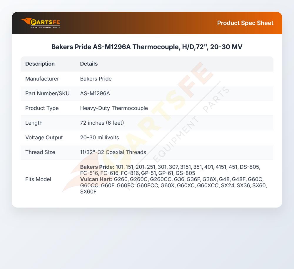 Bakers Pride AS-M1296A Thermocouple, H/D,72", 20-30 MV